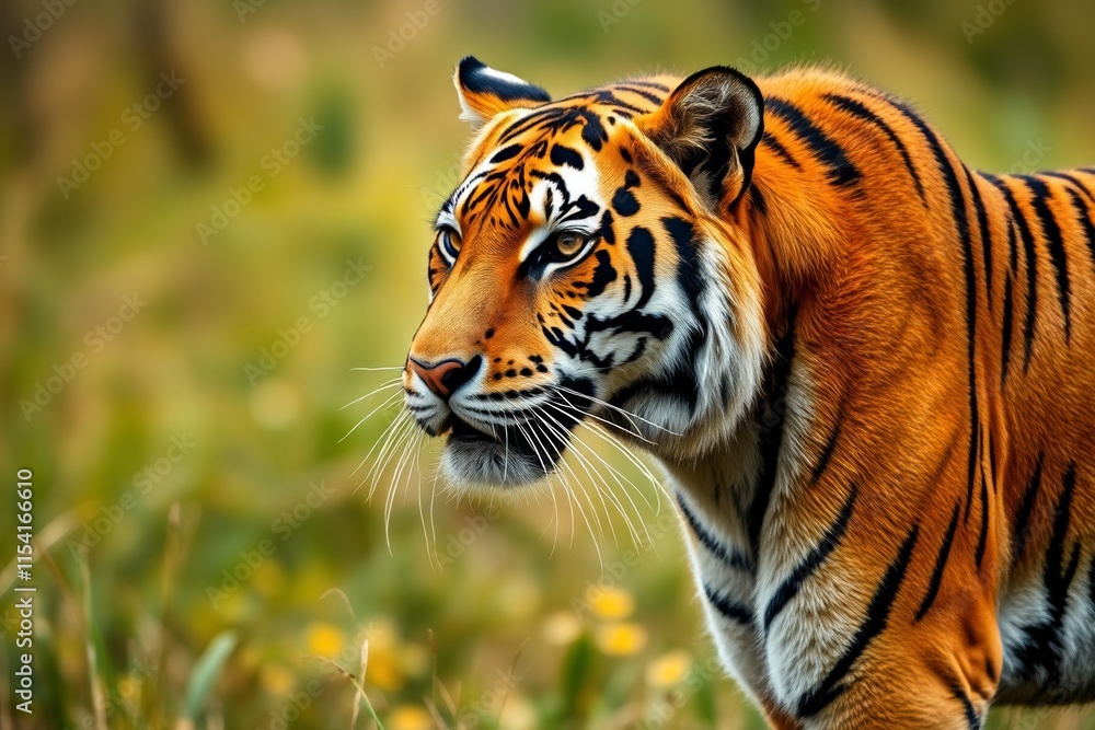 Obraz premium there is a tiger walking through a grassy field with yellow flowers