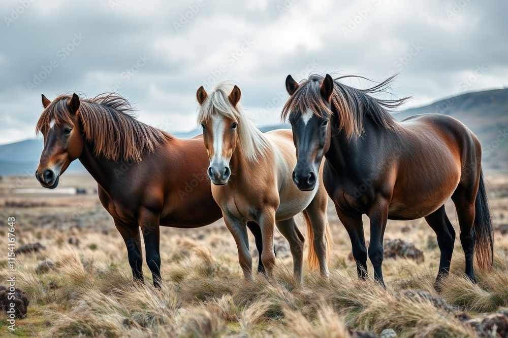 three horses standing in a field with mountains in the background