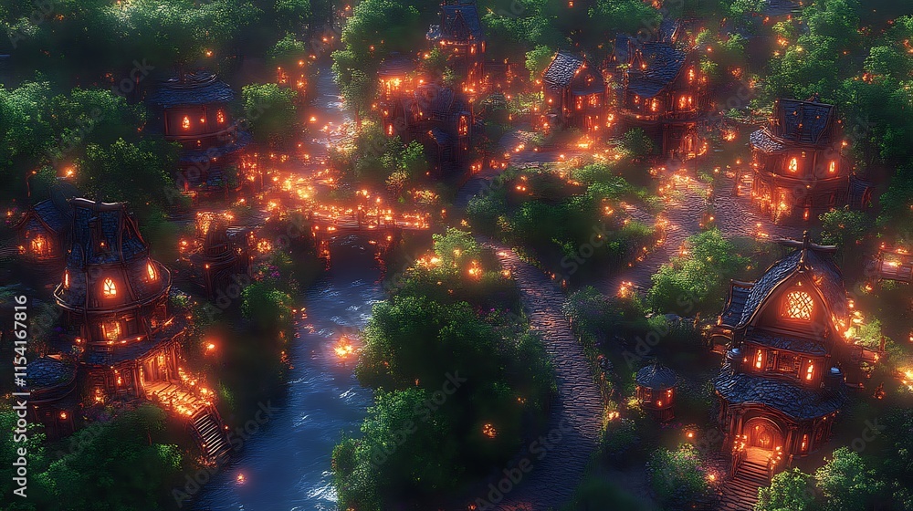 Fototapeta premium Enchanting village at night, illuminated houses, river.