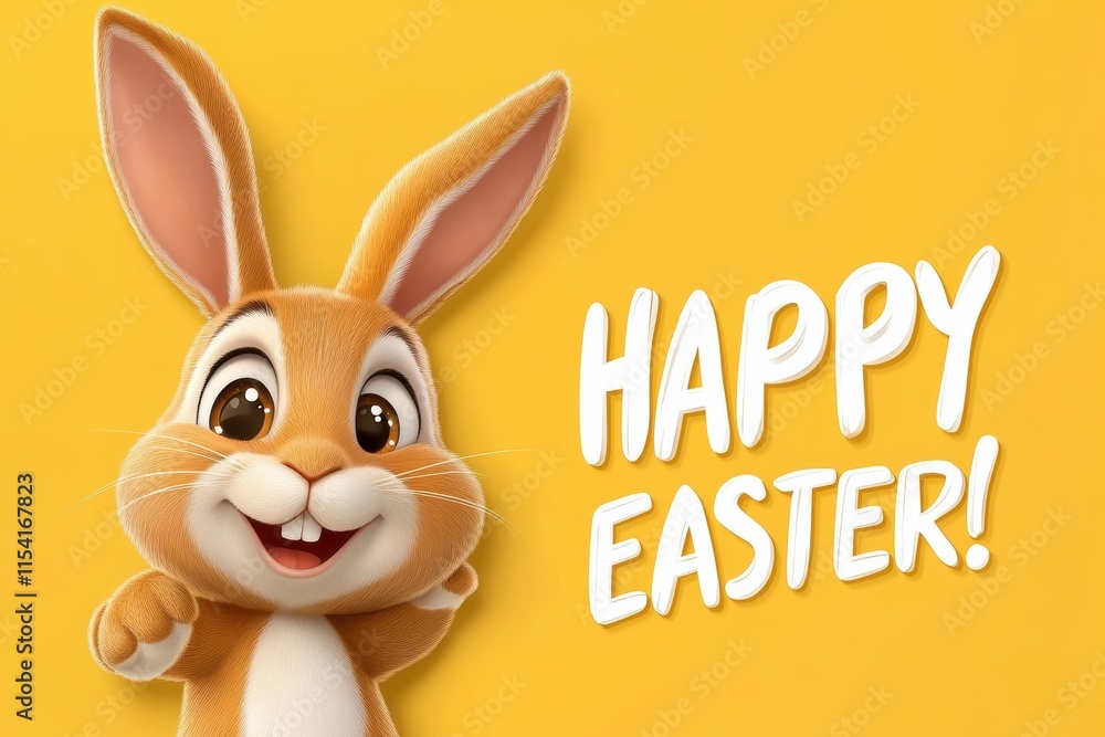 A lively cartoon rabbit joyfully celebrating Easter with a cheerful expression against a vibrant yellow background, beautifully conveying the festive spirit of this special holiday A lively cartoon rabbit joyfully celebrating Easter with a cheerful expression against a vibrant yellow background, beautifully conveying the festive spirit of this special holiday