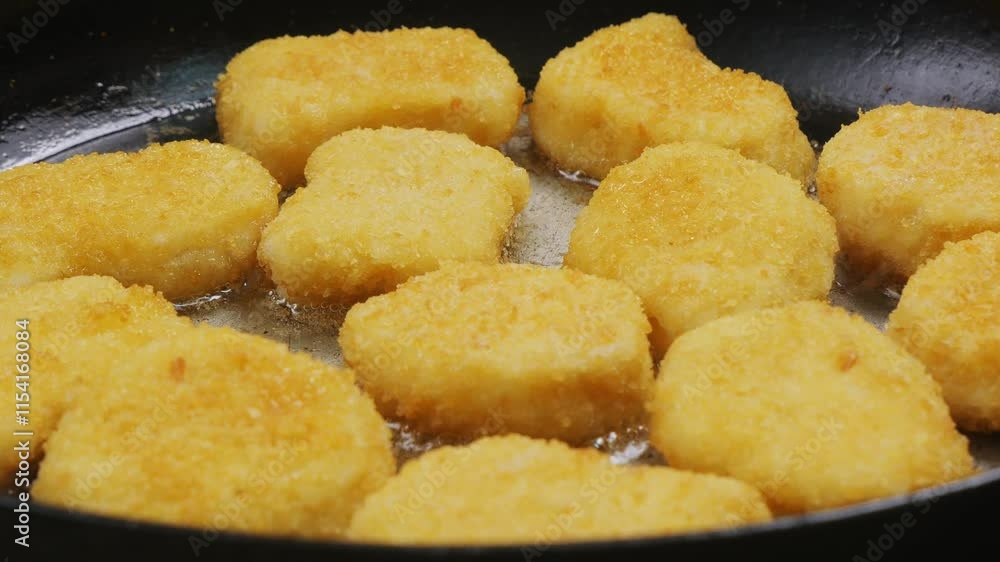 Chicken nuggets with cheese are fried in a frying pan in boiling oil. Close-up Chicken nuggets with cheese are fried in a frying pan in boiling oil. Close-up