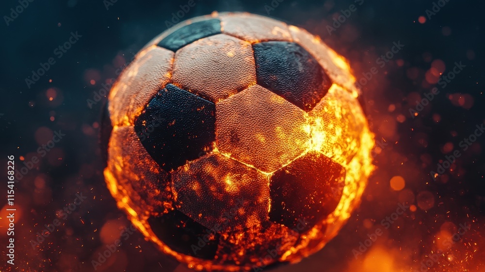 Fototapeta premium A fiery soccer ball illuminated against a dark background, showcasing dynamic energy and vibrant colors.