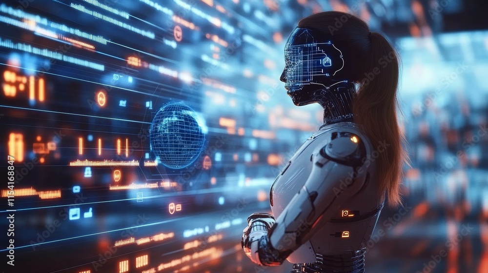 Futuristic AI Female Robot in Digital World Futuristic AI Female Robot in Digital World