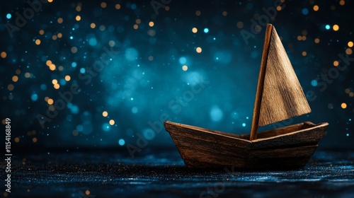 A beautifully crafted wooden sailboat on a shimmering blue background filled with vibrant bokeh lights, This image can be used for themed decor, maritime concepts photo