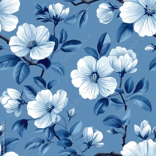 A floral pattern featuring blue and white flowers against a blue background.