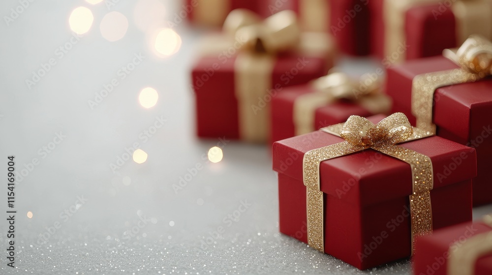 Obraz premium A collection of elegant red gift boxes adorned with golden ribbons, set against a sparkling background, evoking a festive and cheerful atmosphere.
