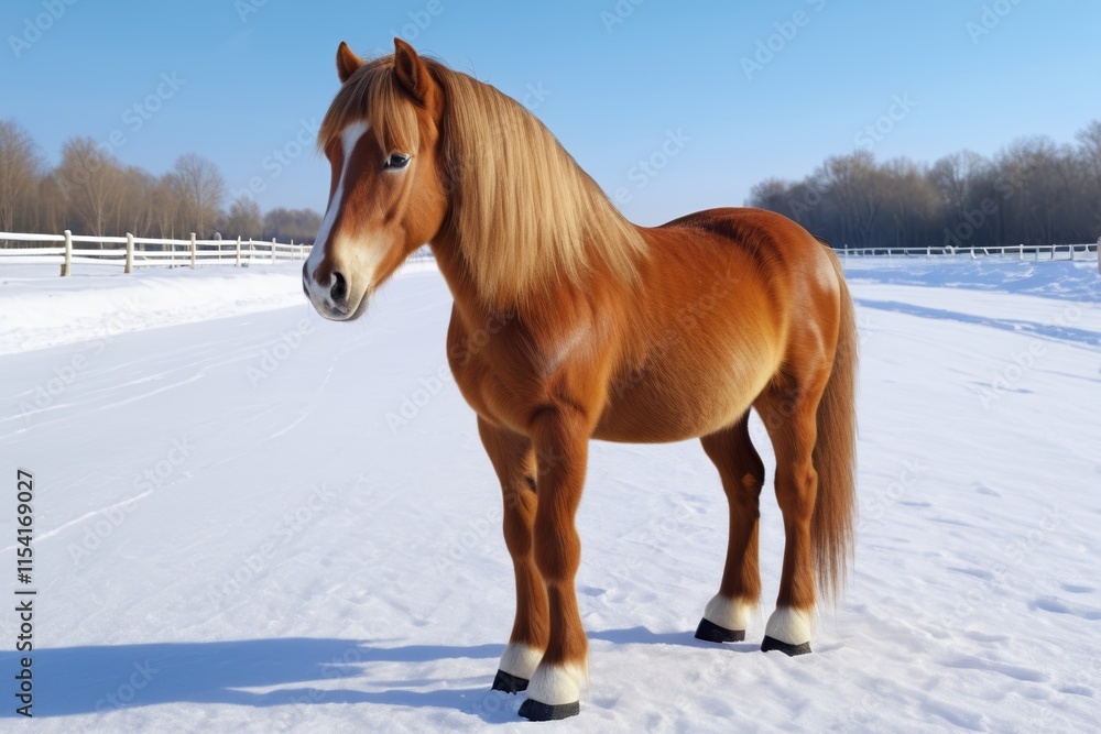 Fototapeta premium there is a brown horse standing in the snow in a fenced in area
