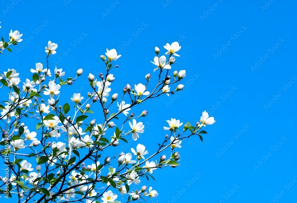 Blooming white dogwood flowers against vivid blue spring sky. Natural floral background with tree branches. Seasonal garden view. Fresh outdoor scene for nature designs with copy space Blooming white dogwood flowers against vivid blue spring sky. Natural floral background with tree branches. Seasonal garden view. Fresh outdoor scene for nature designs with copy space