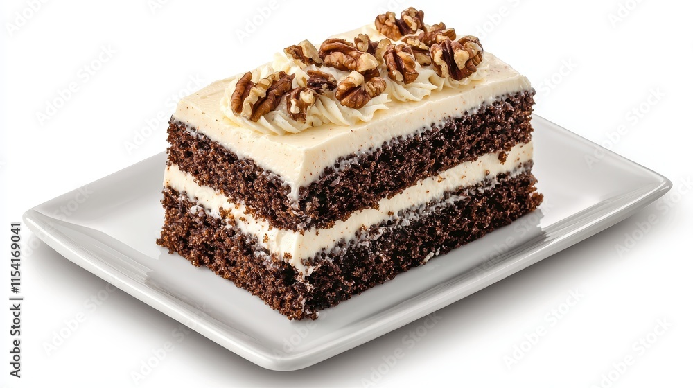 A rich chocolate cake layered with creamy frosting and topped with walnuts, served on a white plate. A rich chocolate cake layered with creamy frosting and topped with walnuts, served on a white plate.