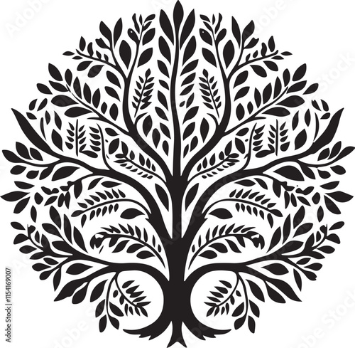 Canvas Print Linocut Tree of Life Silhouette Vector Illustration Graphic