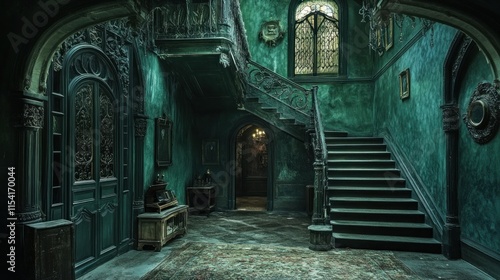 Grand, eerie green mansion interior with staircase, ornate doors, and gothic details.