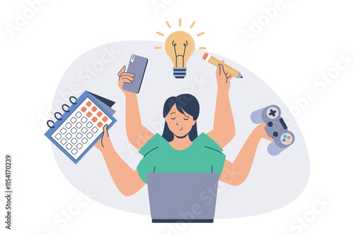 Multitasking web concept with flat cartoon people for website design. Woman with many arms doing different tasks in office, managing time, playing, calling phone, earning money. Vector illustration.