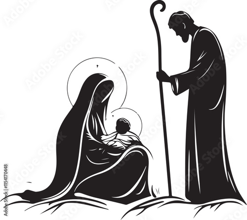 Mary and Joseph with Jesus Stylized Silhouette Vector Illustration Graphic