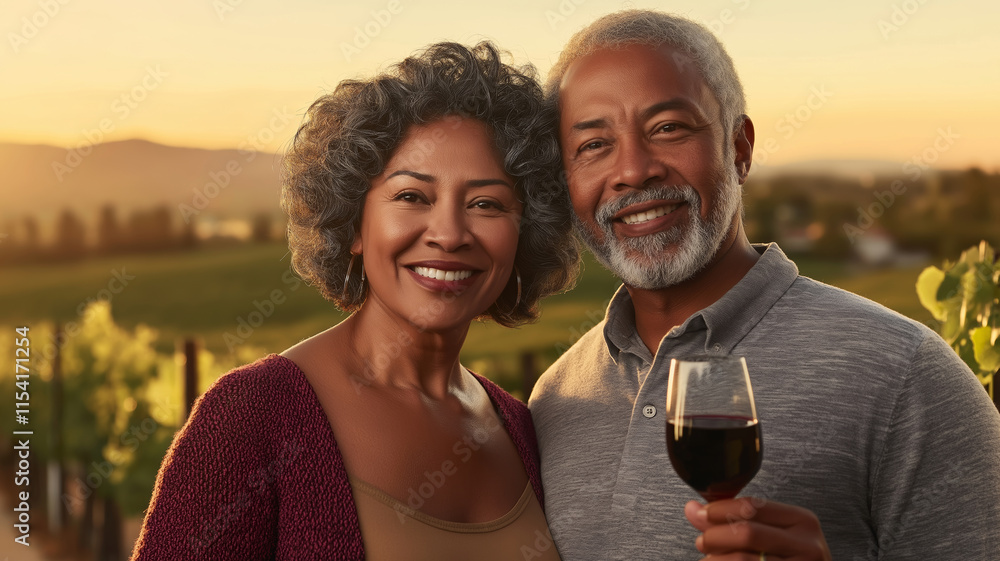 Happy retired couple smiling and savoring a glass of rich red wine while enjoying the beautiful vineyard at sunset, creating lasting memories Happy retired couple smiling and savoring a glass of rich red wine while enjoying the beautiful vineyard at sunset, creating lasting memories
