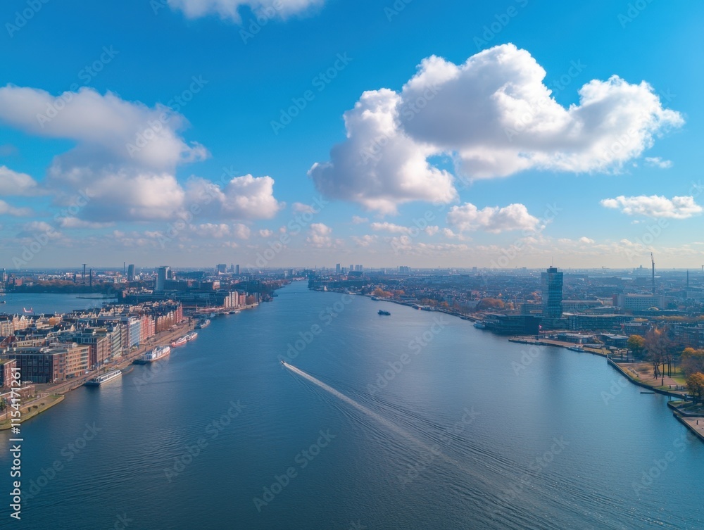 Naklejka premium Aerial View of Serene River and City Skyline Under a Bright Blue Sky