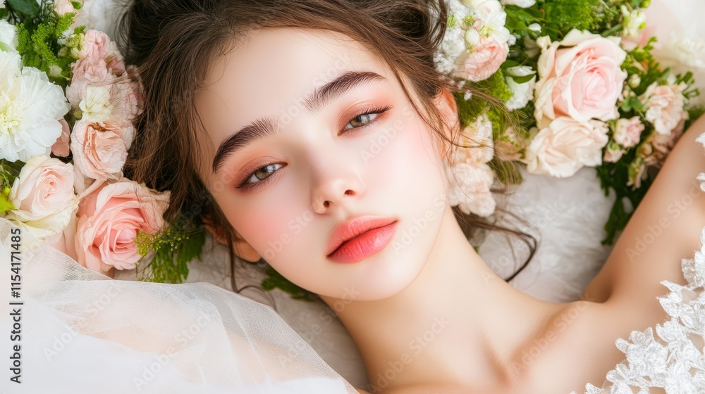 A serene portrait of a young woman nestled among delicate flowers, exuding natural beauty and elegance, This image is perfect for bridal magazines, beauty campaigns, and floral-themed projects, A serene portrait of a young woman nestled among delicate flowers, exuding natural beauty and elegance, This image is perfect for bridal magazines, beauty campaigns, and floral-themed projects,