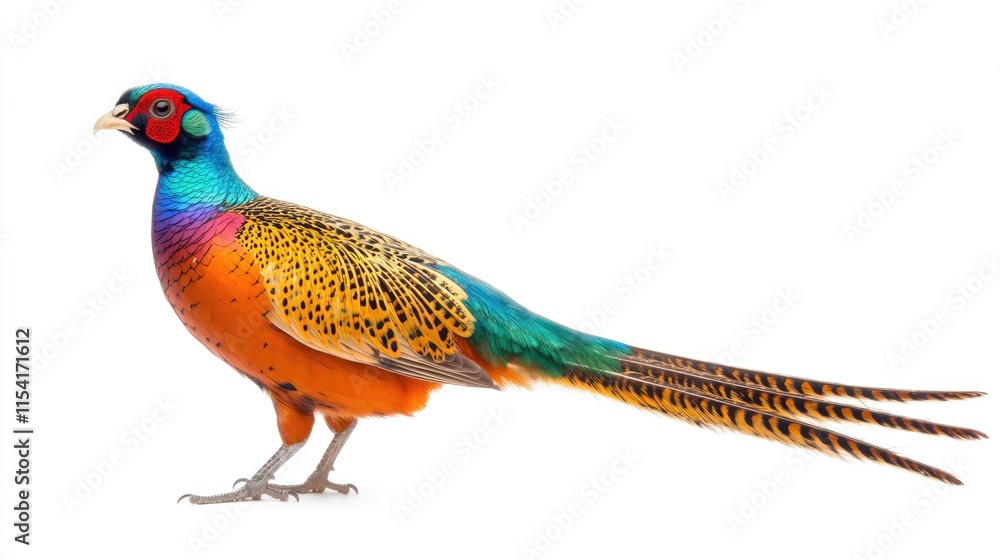 Naklejka premium Vibrant side view of a colorful pheasant showcasing its striking plumage against a clean white background