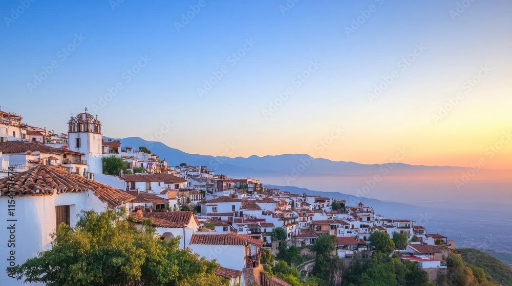 Serene Sunset Over Whitewashed Village with Mountains in Background Serene Sunset Over Whitewashed Village with Mountains in Background