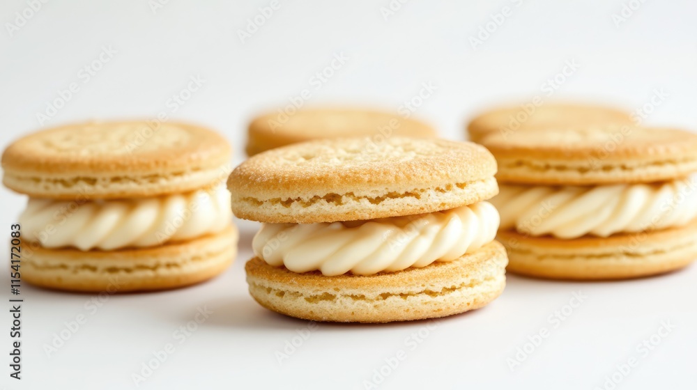 Cream-filled sandwich biscuits arranged on a clean white background showcasing their golden texture and smooth filling Cream-filled sandwich biscuits arranged on a clean white background showcasing their golden texture and smooth filling