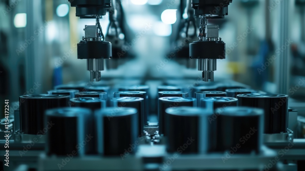 Robotic Arms in Automated Factory Assembly Line for Battery Pack Production in Modern Car Manufacturing Process Robotic Arms in Automated Factory Assembly Line for Battery Pack Production in Modern Car Manufacturing Process