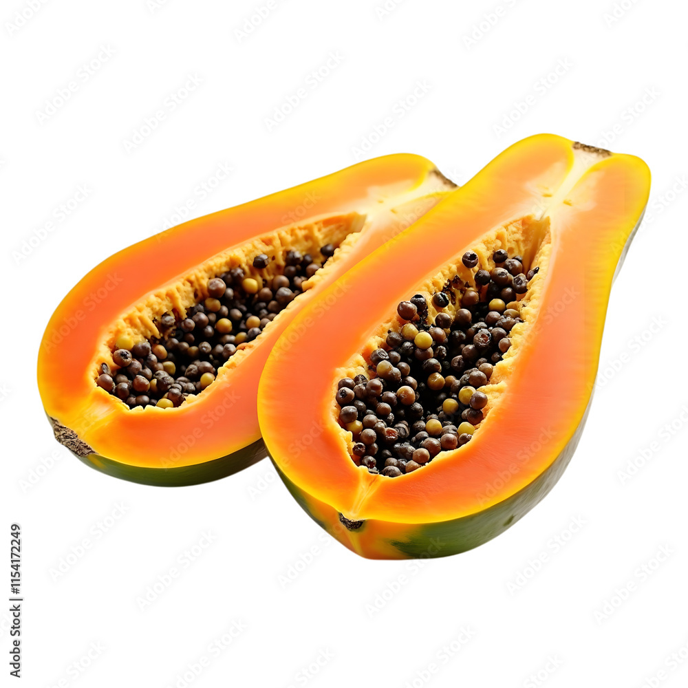 Cut of half papaya with orange flesh and seeds isolated on a transparent background Cut of half papaya with orange flesh and seeds isolated on a transparent background