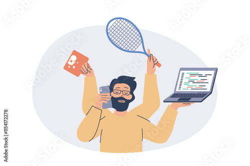 Multitasking web concept with flat cartoon people for website design. Man with many arms doing tasks in office, calling by phone, coding at laptop, playing tennis, drinks coffee. Vector illustration.