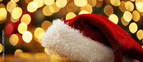 Festive red Santa Claus hat against a soft bokeh background of warm Christmas lights creating a joyful holiday atmosphere photo