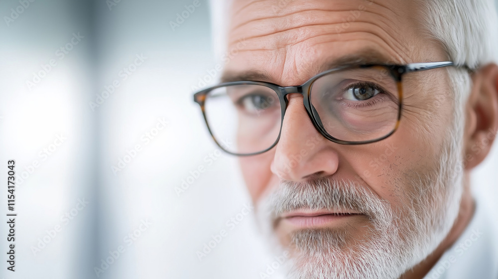 Confident senior businessman wearing glasses, standing confidently in studio with light gray backdrop, looking professional Confident senior businessman wearing glasses, standing confidently in studio with light gray backdrop, looking professional