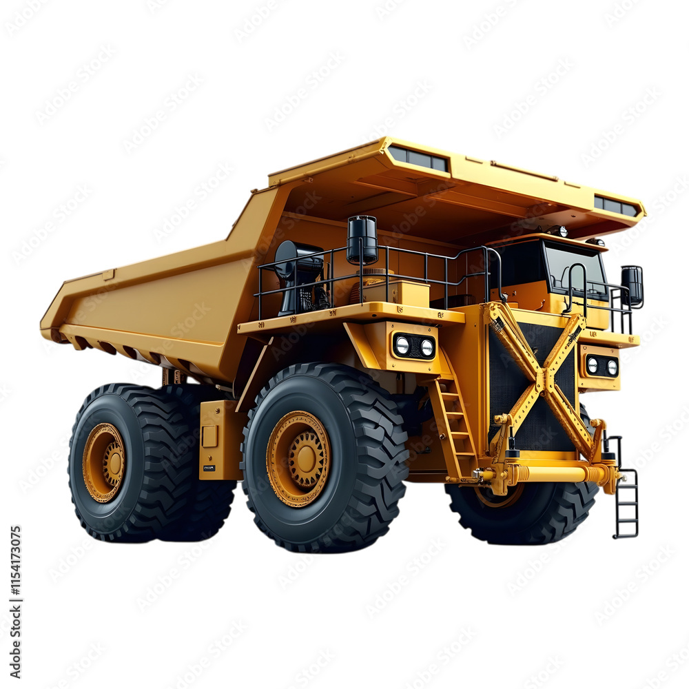 Massive yellow mining dump truck with oversized tires and rugged design isolated on a transparent background
Massive yellow mining dump truck with oversized tires and rugged design isolated on a transparent background