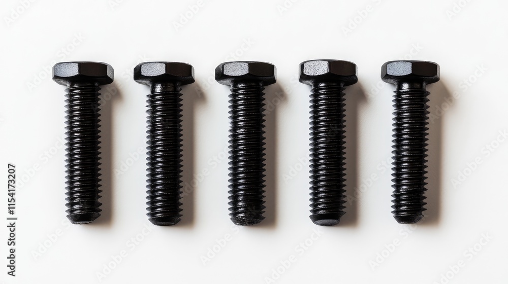 Black construction screws arranged on a white background showcasing their details for hardware and industrial themes Black construction screws arranged on a white background showcasing their details for hardware and industrial themes