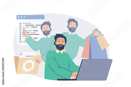 Multitasking web concept with flat cartoon people for website design. Man doing work tasks and organisation routines in office, coding at laptop, doing paperwork, shopping online. Vector illustration.