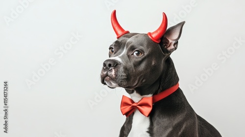 Playful dog in devil horns and bowtie showcasing a fun and festive mood on a plain white background photo