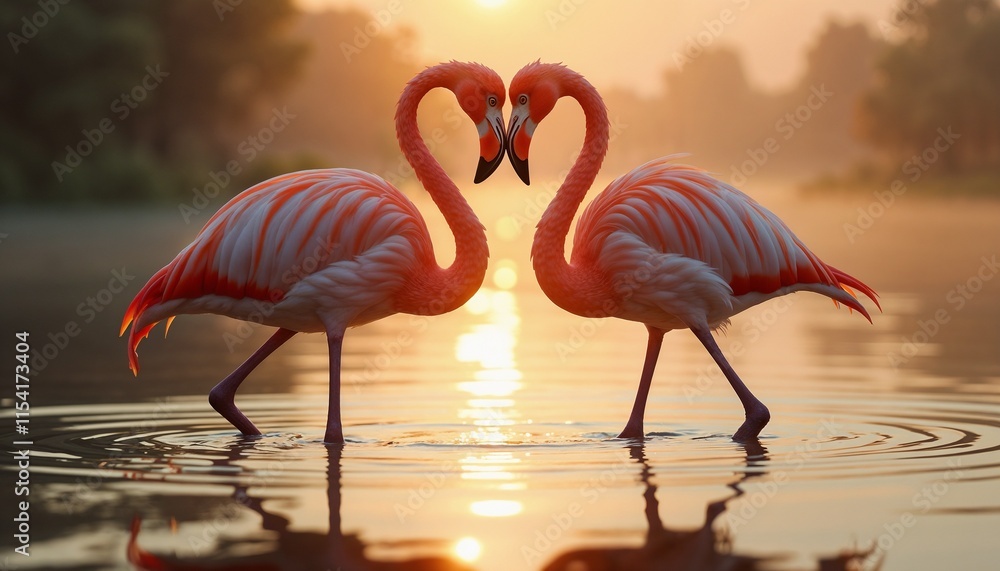 Fototapeta premium Two flamingos forming heart shape with their necks at sunset in calm water
