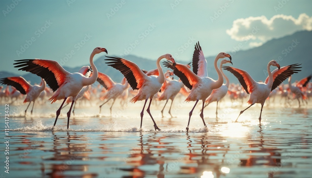 Fototapeta premium Graceful flamingos dancing in shimmering water at sunset with mountains in background