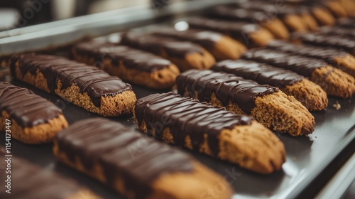 Freshly baked chocolate dipped biscotti arranged neatly on a baking tray ready for cooling and packaging in a bakery setting photo