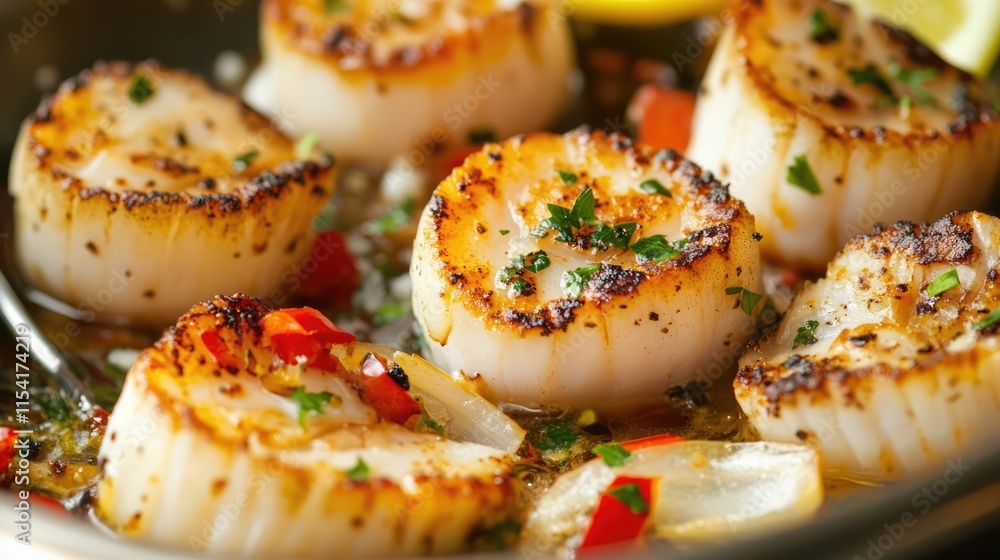 Grilled scallops with herbs and spices served on a plate garnished with lemon and peppers for a gourmet seafood experience Grilled scallops with herbs and spices served on a plate garnished with lemon and peppers for a gourmet seafood experience