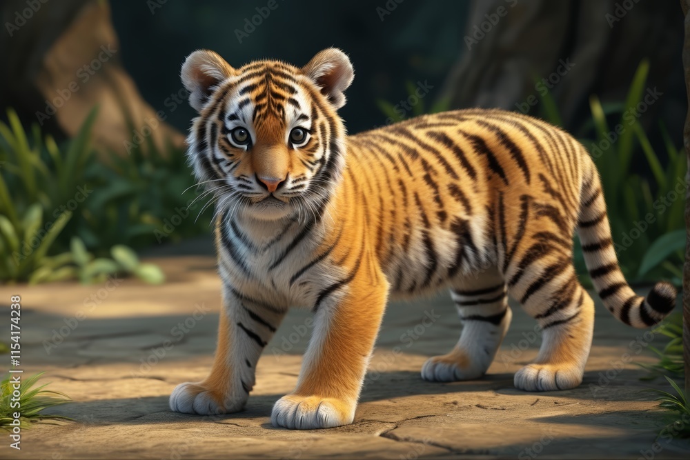 Obraz premium there is a tiger cub standing on a path in the jungle