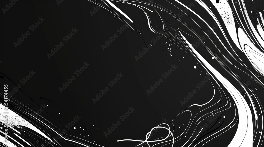 Obraz premium Abstract black and white swirling design with dynamic lines and specks.