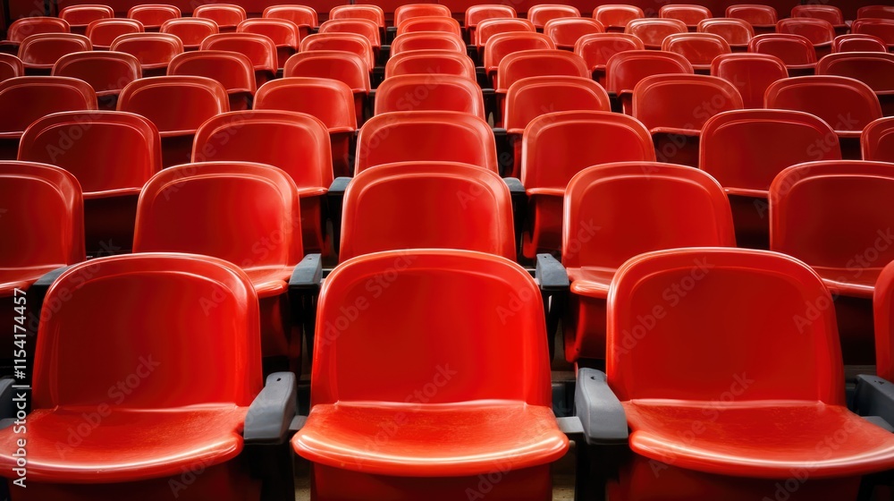 Naklejka premium Empty red stadium bleachers arranged in semi-circular rows ready for an upcoming event in a sports venue or concert hall setting