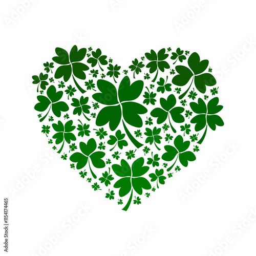 Green leaves heart shape illustration. Irish leaves patterned heart for Saint Patrick's Day. Irish decorative heart element on St. Patrick Day. Heart from traditional leaves - Clover and Shamrock.