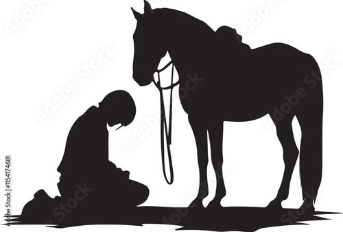 Person Kneeling in Front of Horse Silhouette Vector Illustration Graphic