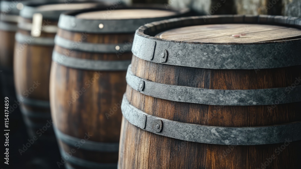 Wooden wine barrels lined up in an ancient wine cellar highlighting craftsmanship and tradition in winemaking process Wooden wine barrels lined up in an ancient wine cellar highlighting craftsmanship and tradition in winemaking process