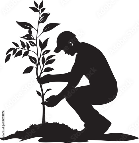 Person Planting a Tree Silhouette Vector Illustration Graphic