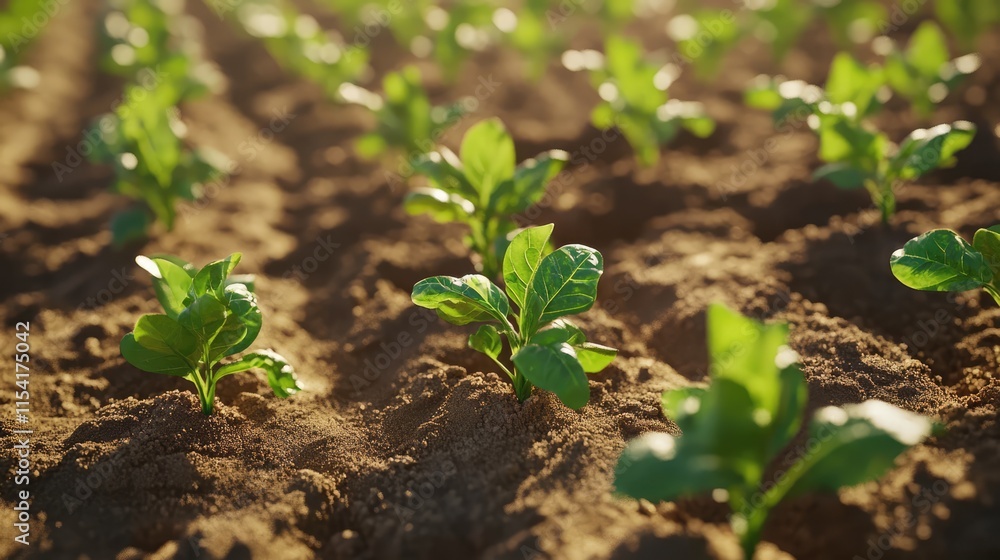 Healthy sugar beet plants growing in fertile soil under warm sunlight in a sprawling agricultural field showcasing vibrant growth. Healthy sugar beet plants growing in fertile soil under warm sunlight in a sprawling agricultural field showcasing vibrant growth.