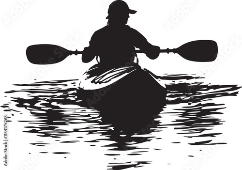 Person with Cap in Kayak on River Silhouette Vector Illustration Graphic