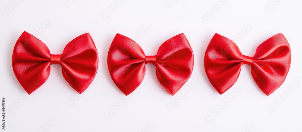 Red satin bows arranged neatly on a white background perfect for festive decorations gift wrapping or creative projects in a minimalist style Red satin bows arranged neatly on a white background perfect for festive decorations gift wrapping or creative projects in a minimalist style