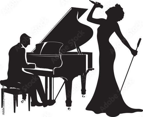 Piano Player and Woman Singer Silhouette Vector Illustration Graphic
