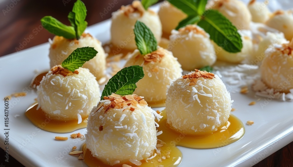 Delicious Beijinho Coconut Truffles with Topaz Sauce and Mint Garnish on Elegant Plate Delicious Beijinho Coconut Truffles with Topaz Sauce and Mint Garnish on Elegant Plate