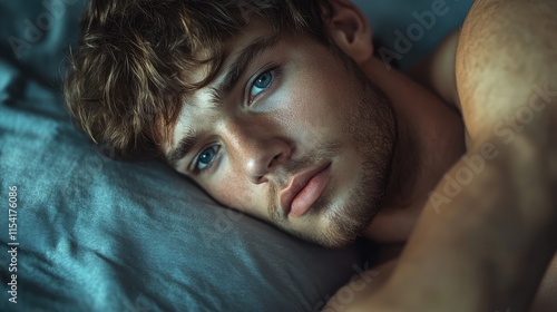 Contemplative young man resting on a soft pillow highlighting his thoughtful expression and serene atmosphere photo