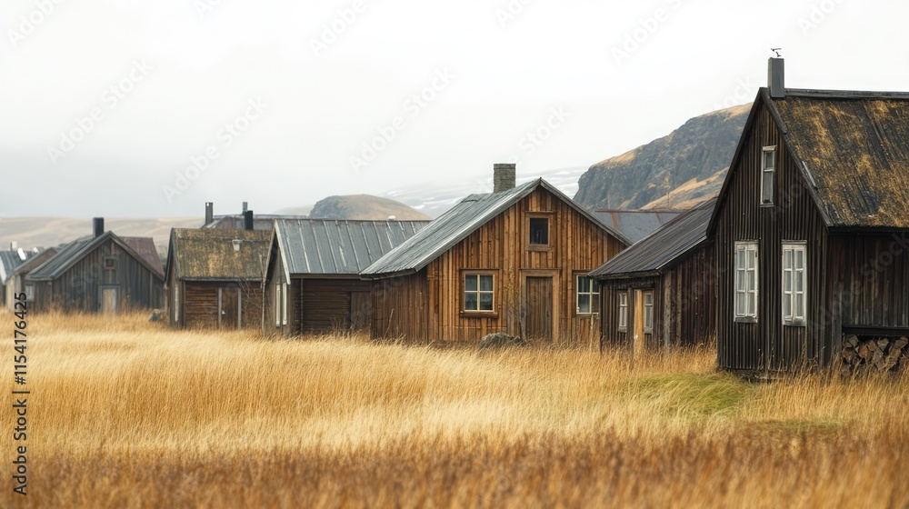 Obraz premium Row of rustic wooden houses in a golden grass landscape with a single house in the background against a serene nature backdrop